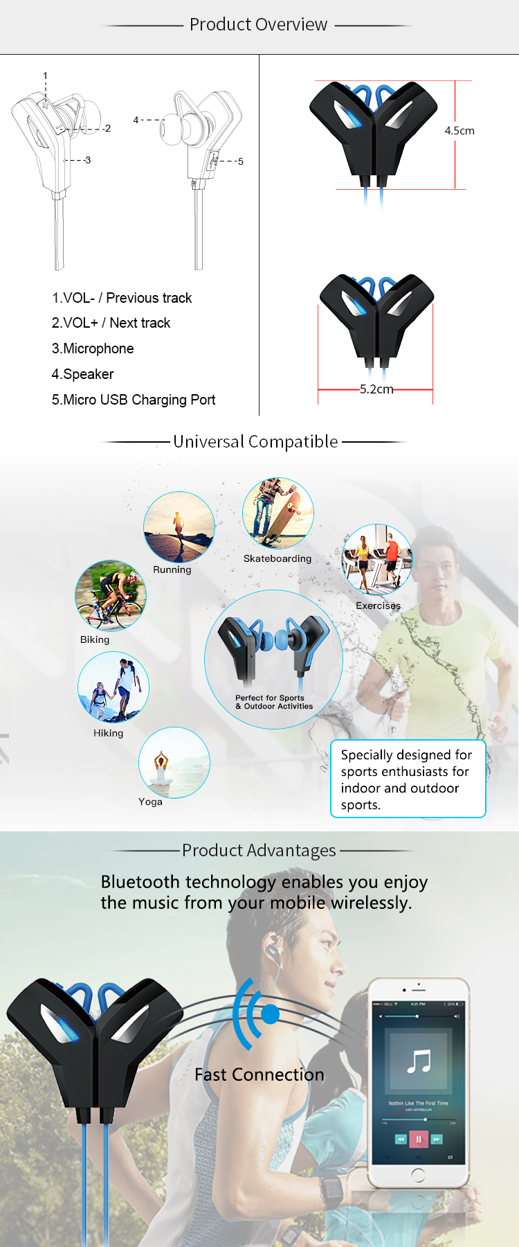 Bluetooth Stereo Wireless Earplug Headset Magnetic Earbuds with Long Working Distance