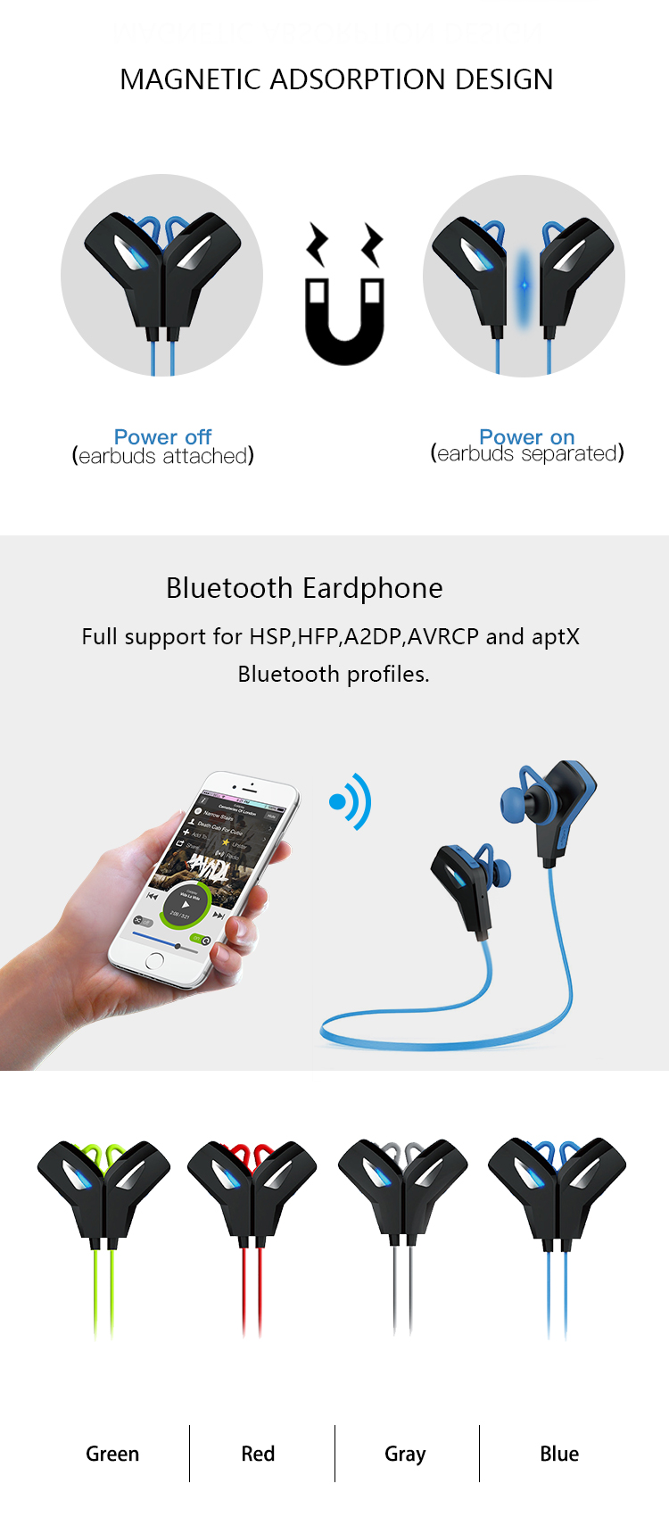 Bluetooth Stereo Wireless Earplug Headset Magnetic Earbuds with Long Working Distance